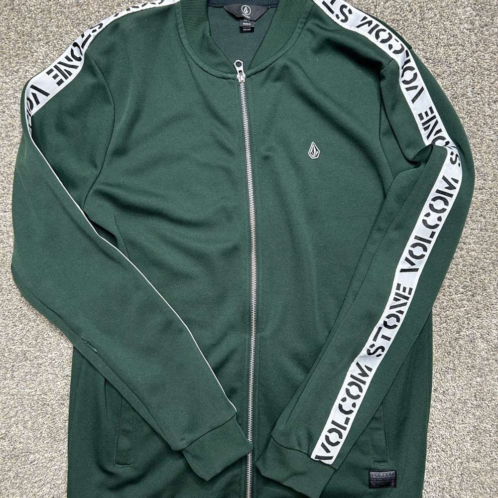 Volcom Green Track Jacket – Size Medium – Zip Up Logo Tape